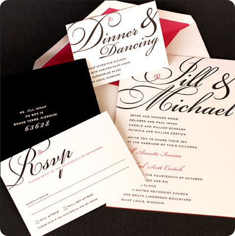 elegant black and white with red heart wedding invitation 