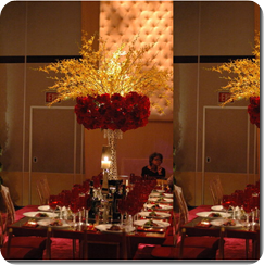 Tall Rose Centerpieces with orchids on rectangular tables