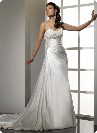 Dimensional flowers glistening with beaded embellishments decorate the bustline of this Royale Satin gown. A detachable double shoe string strap adds interest to the sweetheart neckline.