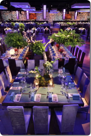 Square table with  tree centerpiece