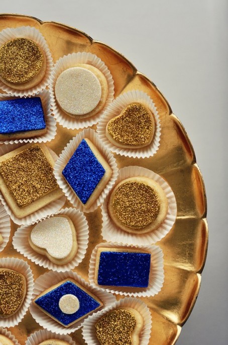Gold, ivory blue cookies with glitter