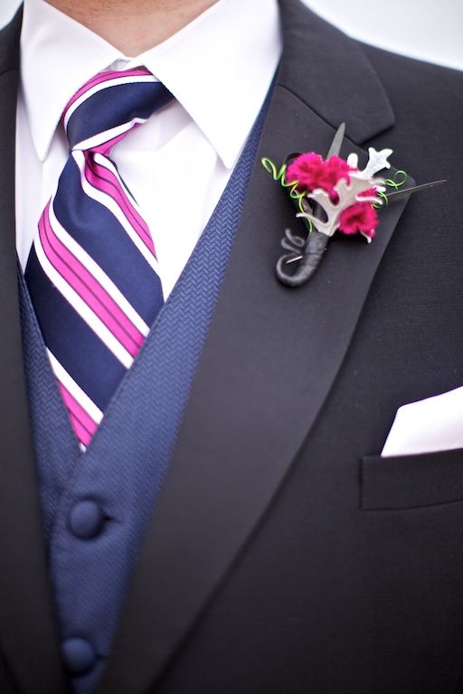 Hot Pink and navy dusty miller boutonniere