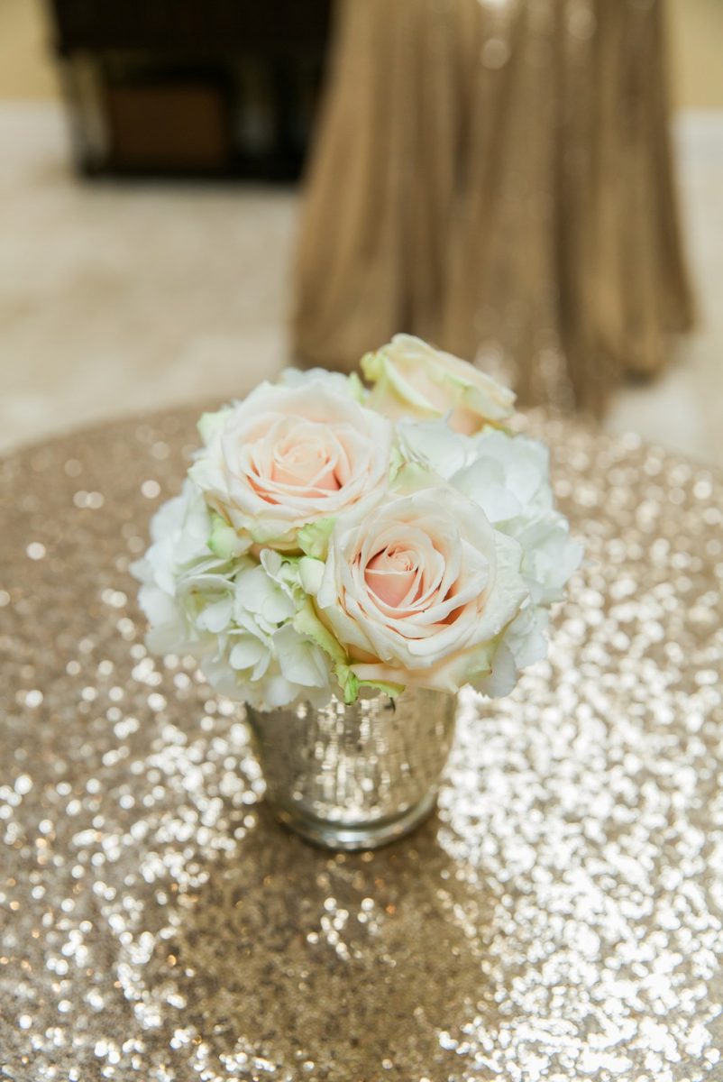 gold sequins and wedding flowers